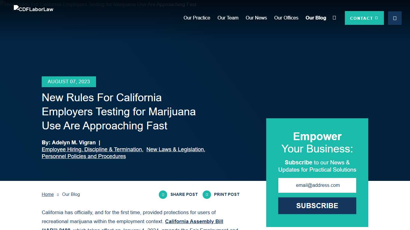 New Rules For California Employers Testing for Marijuana Use Are Approaching Fast | CDF Labor Law LLP